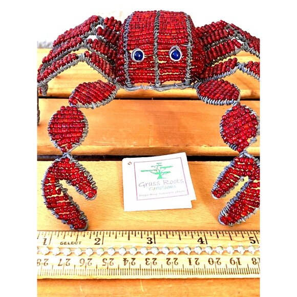 Grass Roots Beaded Handmade Wire Blue-Eyed Crab and Clam Shell with Tag Vintage - Picture 8 of 13